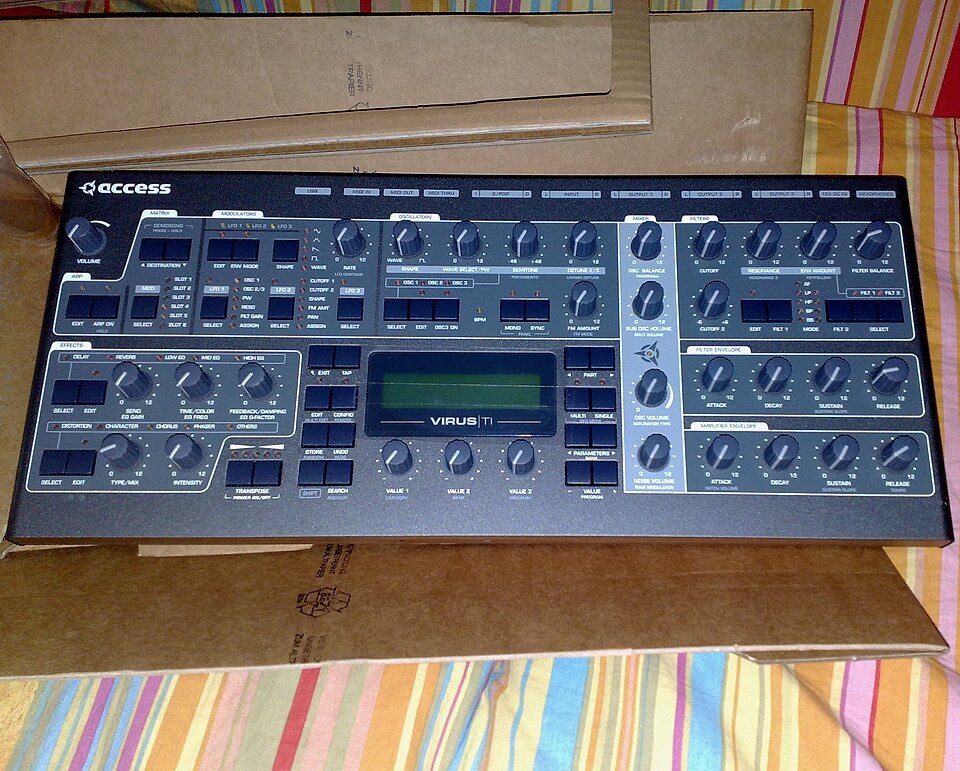 A dark blue Access Virus TI2 Desktop synthesizer.