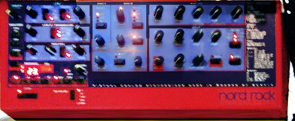 The red front panel of a Clavia Nord Rack.
