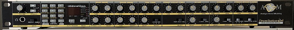 The front panel of a Novation Drum Station rack module.