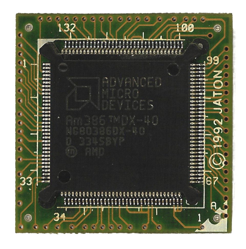 An AMD Am386DX-40 processor chip on a green carrier board.
