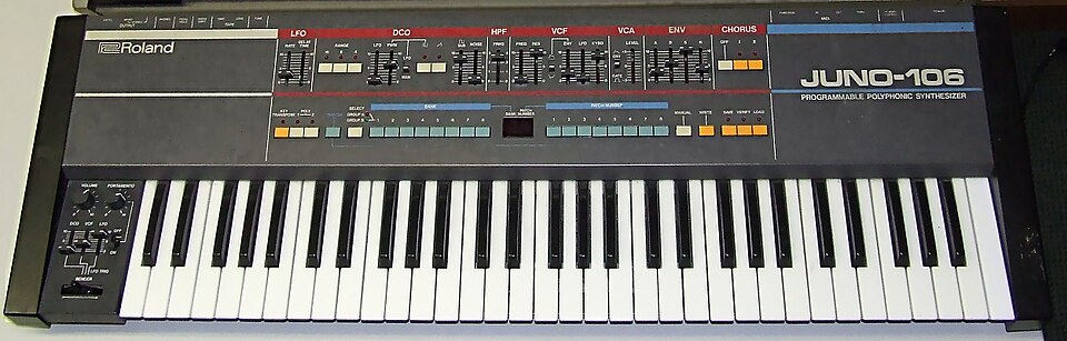 A Roland Juno-106 synthesizer seen from above.