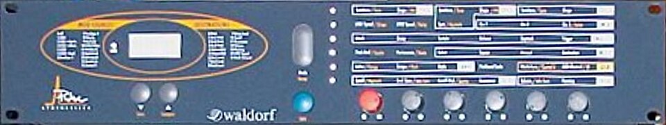 The front panel of a Waldorf Pulse rack synthesizer.