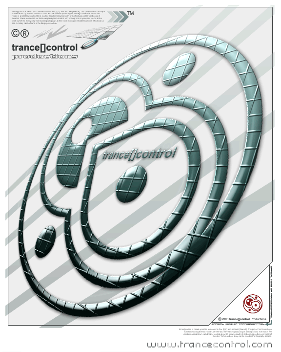 A flyer for trance[]control Productions: the logo rendered in chrome on a white page with grey stripes, the web address at the foot.