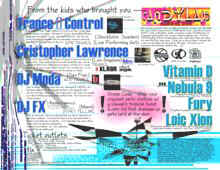 Back of a flyer published on the band's site in June 2000, billing Trance Control first, above Cristopher Lawrence, DJ Moda, DJ FX, Vitamin D, Nebula 9, Fury and Loic Xion.