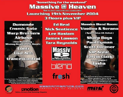 Red flyer for Massive @ Heaven, London, Friday 19 November 2004: three floors, with trance[]control live in the first room alongside DuMonde, Cosmic Gate, The Warp Brothers and Airbase.