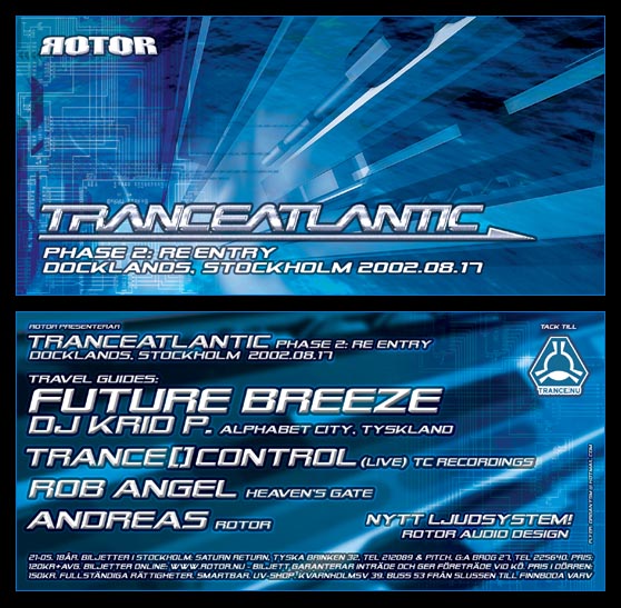 Rotor's flyer for Tranceatlantic Phase 2: Re Entry at Docklands, Stockholm, 17 August 2002, with Future Breeze, DJ Krid P., trance[]control live, Rob Angel and Andreas.