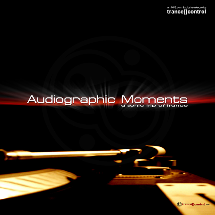 Cover of the album Audiographic Moments: the title in thin white letters over a dark image of a mixing desk lit in amber.